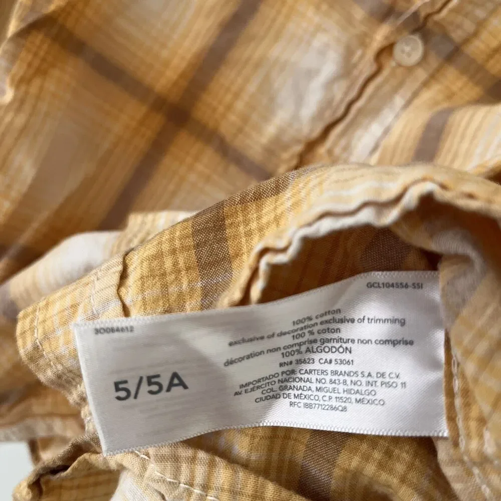 OshKosh B'gosh Boys Button Up Shirt Plaid Yellow Brown Blue 100% Cotton- Size 5 - Picture 4 of 5